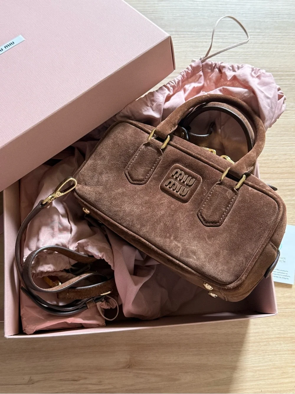 Miu Miu Brown Suede Top-Handle Satchel with Detachable Strap (brand new 1 stain) - Picture 1 of 5